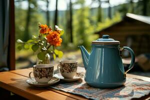 site de camp tranquillité une bleu café pot et agresser attendre utilisation ai généré photo