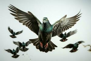 coupure chemin inclus Pigeon troupeau dans isolé vol contre blanc ai généré photo