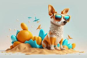 mignonne 3d dessin animé chien avec des lunettes de soleil profiter été sur le plage, génératif ai photo