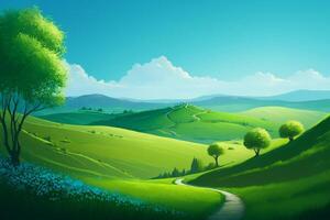 illustration de une serein paysage avec une luxuriant vert arbre établi avec génératif ai La technologie photo