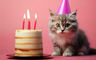 une charmant chat portant une de fête chapeau et en portant une anniversaire ballon, génératif ai photo