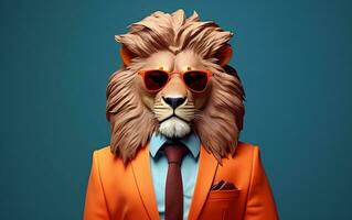 une élégant Lion portant une coloré costume et des lunettes de soleil, génératif ai photo