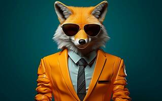 une élégant Renard portant une coloré costume et des lunettes de soleil, génératif ai photo