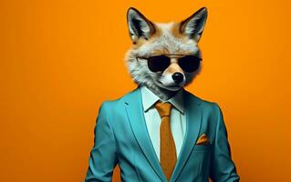 une élégant Renard portant une coloré costume et des lunettes de soleil, génératif ai photo