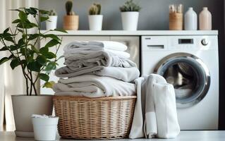 blanchisserie journée le chaos panier avec sale vêtements près la lessive machine. génératif ai photo