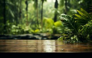 en bois table dans le pluvieux tropical paramètre, génératif ai photo