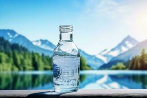 cristal l'eau étant versé dans une verre et bouteille, génératif ai photo