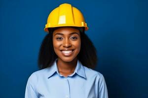 Jeune africain américain femme portant une jaune, souriant, génératif ai photo