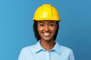 Jeune africain américain femme portant une jaune, souriant, génératif ai photo