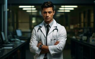 Jeune Masculin Indien médecin dans une blanc manteau, génératif ai photo