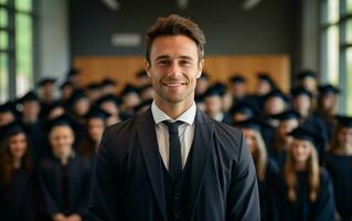 Jeune Masculin professeur, tuteur, et entraîneur avec une sourire, génératif ai photo