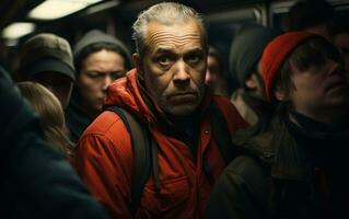 une Célibataire individuel au milieu de une emballé métro former, génératif ai photo