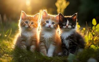 triade de chatons ébène Ivoire et auburn trio, génératif ai photo