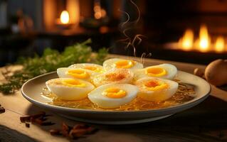 bouilli des œufs sur cuisine assiette - cinématique éclairage. génératif par ai photo