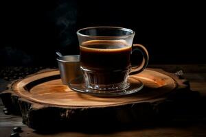 café duo verre et tasse de café sur en bois tableau. généré par ai. photo