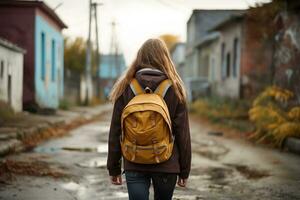 fille en marchant vers le bas trottoir avec sac à dos. généré par ai. photo