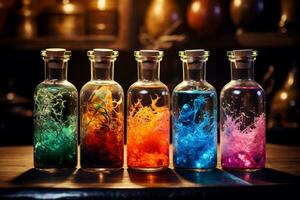 enchanteur élixirs coloré la magie potions dans bouteilles. génératif par ai photo