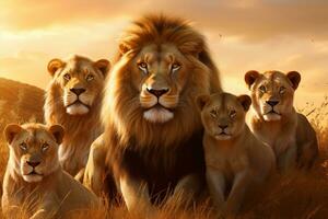 groupe de les Lions dans le sauvage - serein savane scène. génératif par ai photo
