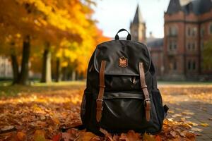 l'automne feuilles et une sac à dos. génératif par ai photo