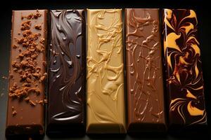 irrésistible Chocolat bars avec caramel et liquide centres. génératif par ai photo