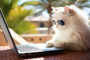 une blanc chat dans cool des lunettes de soleil sur vacances. génératif par ai photo