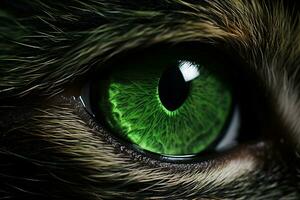 fermer de une vert mal chats yeux. génératif par ai photo