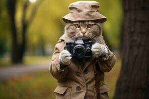brandissant une caméra rétro chats parc aventure. génératif par ai photo