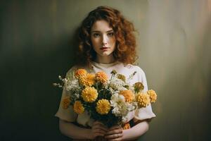 une fille dans sa Années 20 avec une bouquet de fleurs. génératif par ai photo