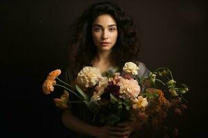 une fille dans sa Années 20 avec une bouquet de fleurs. génératif par ai photo