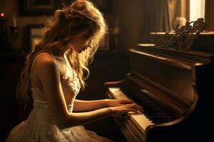 une fille dans sa 30s création mélodies sur le piano. génératif par ai photo