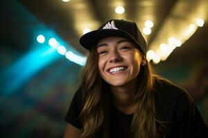 fille souriant sportif une cool snapback chapeau. génératif par ai photo