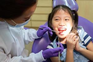 dentiste utilisant des outils dentaires pour nettoyer les dents d'un enfant asiatique et traiter la carie dentaire à la clinique avec une assistance debout derrière le patient. concept de dentisterie et de soins de santé photo