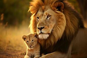 réconfortant liaison entre Masculin Lion et lionceau Masculin Lion nourrir ses adorable lionceau. génératif par ai photo