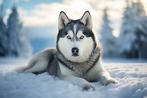 rauque chien dans le neigeux région sauvage. génératif par ai photo