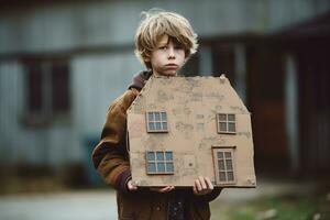 sans abri garçon en portant une papier carton maison. génératif par ai photo