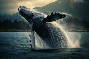 à bosse baleine sauts en dehors de le l'eau. génératif par ai photo