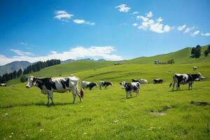 vaches pâturage dans le vert des champs de une prairie. génératif par ai photo