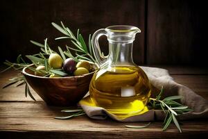 olive pétrole et olive branche sur une rustique en bois tableau. génératif par ai photo