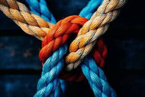 Orange et bleu corde lié autour un autre. génératif par ai photo