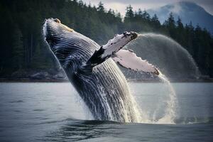 à bosse baleine sauts en dehors de le l'eau. génératif par ai photo