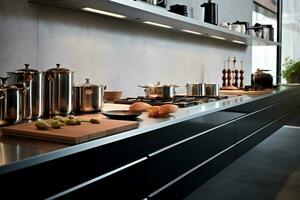 moderne cuisine équipement dans une rangé et minimaliste cuisine. génératif par ai photo