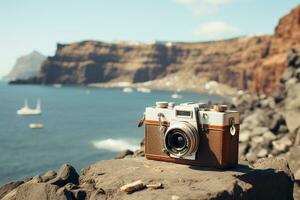 ancien caméra aventures dans Santorin. génératif par ai photo