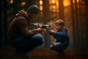 père et fils collage avec une drone. génératif par ai photo