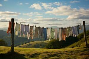 collines hisser corde à linge avec Frais blanchisserie. génératif par ai photo