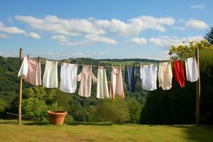 collines hisser corde à linge avec Frais blanchisserie. génératif par ai photo