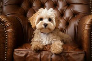 de maltipoo élégant rencontre avec une ancien cuir chaise. génératif par ai photo