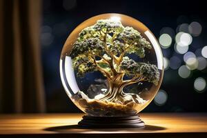 cristal globe et arbre harmonie. génératif par ai photo