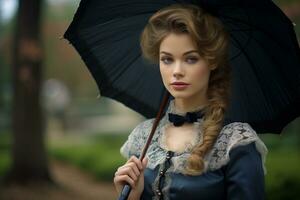 portrait de une magnifique Jeune femme dans ancien robe avec intemporel élégance. génératif par ai photo