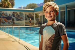 portrait de une souriant garçon permanent par le nager piscine, profiter heure d'été amusement. génératif par ai photo