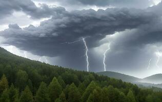 épais noir des nuages flashé foudre dans le ciel photo